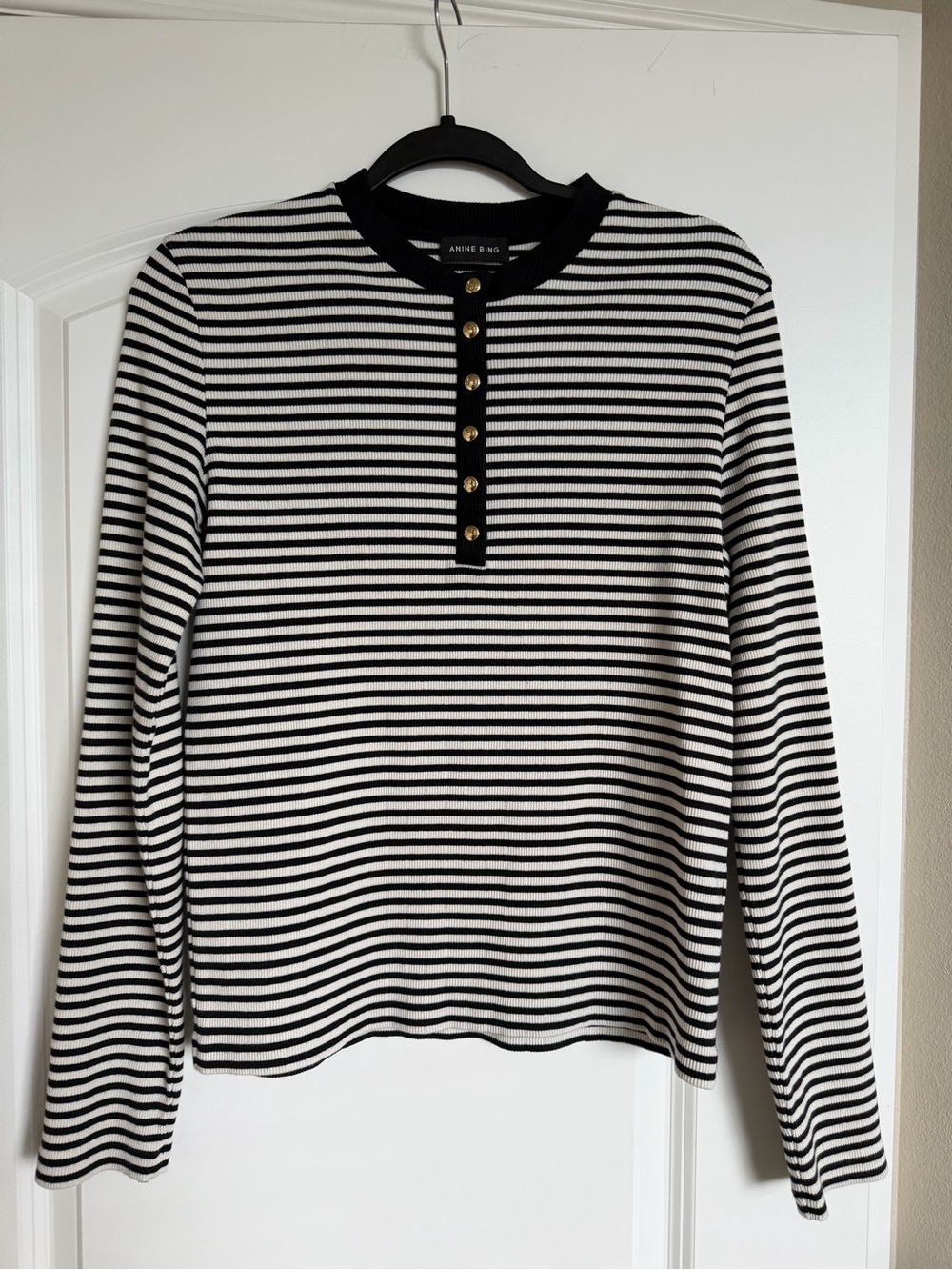 Anine Bing Black and White Striped Henley Sweater with Gold Buttons